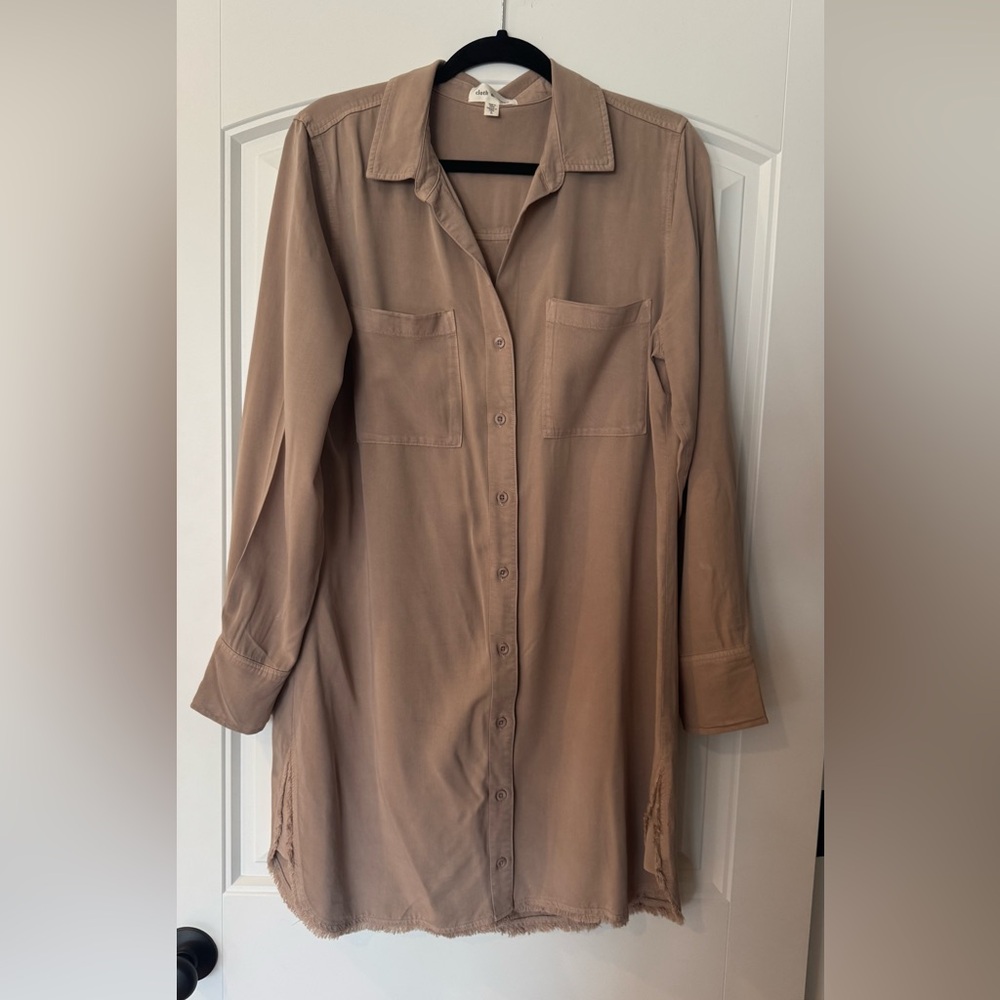 Cloth & Stone Long Sleeve Shirt Dress Natural Beige Frayed Hem Sz Large